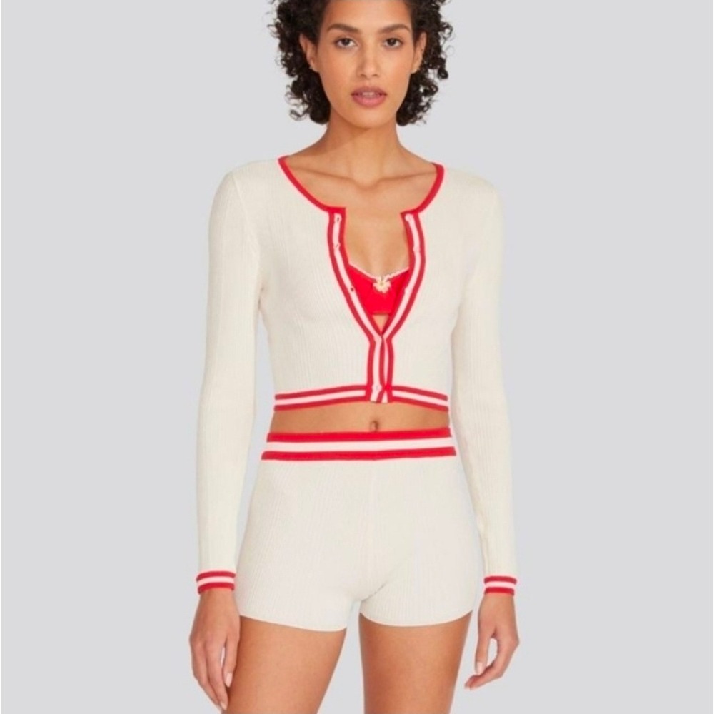 Solid & Striped The Fleur Cardigan Ivory Red Ribbed Knit Cropped Sweater Small